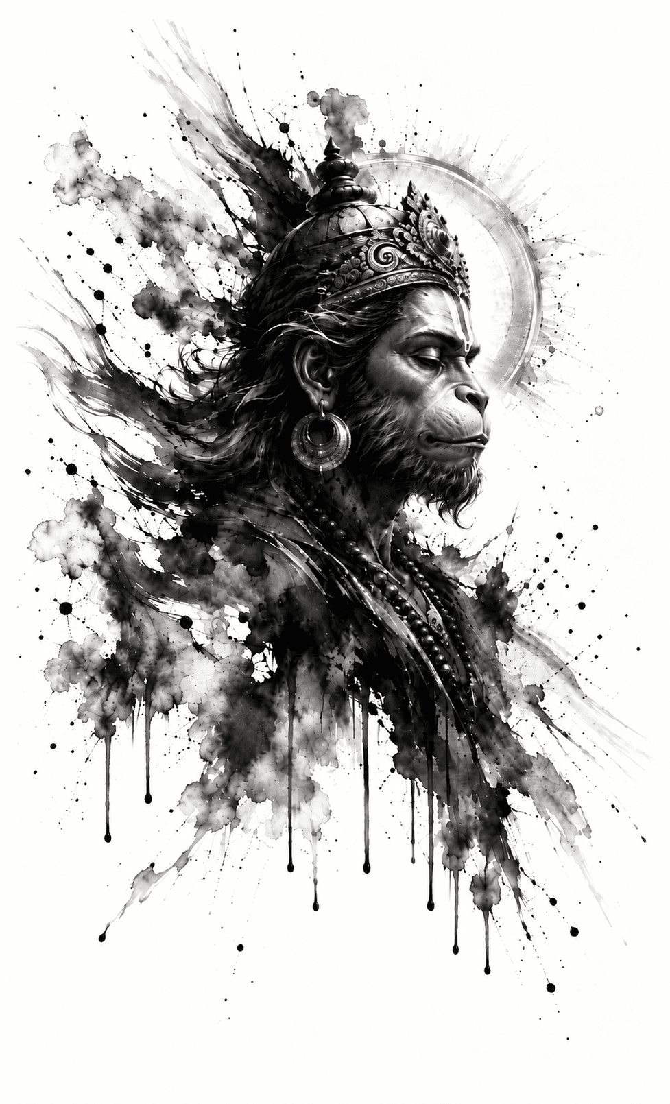 Black-and-white ink illustration of Hanuman wearing an ornate crown, facing left