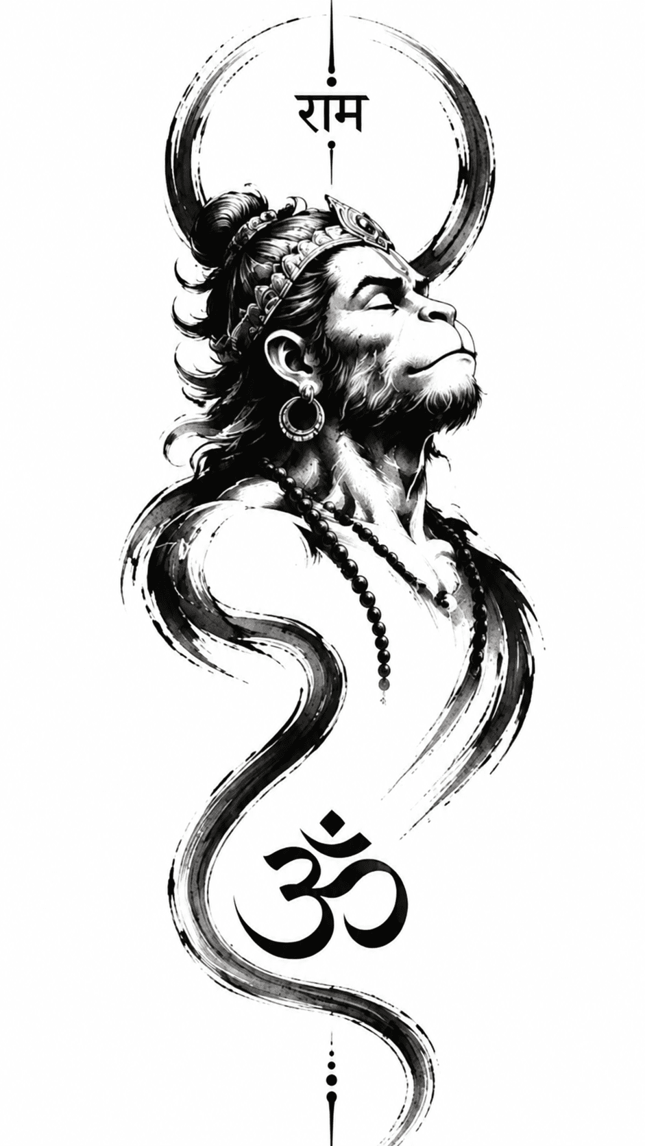 Hanuman looking upward on a white background, with Ram and Om symbols