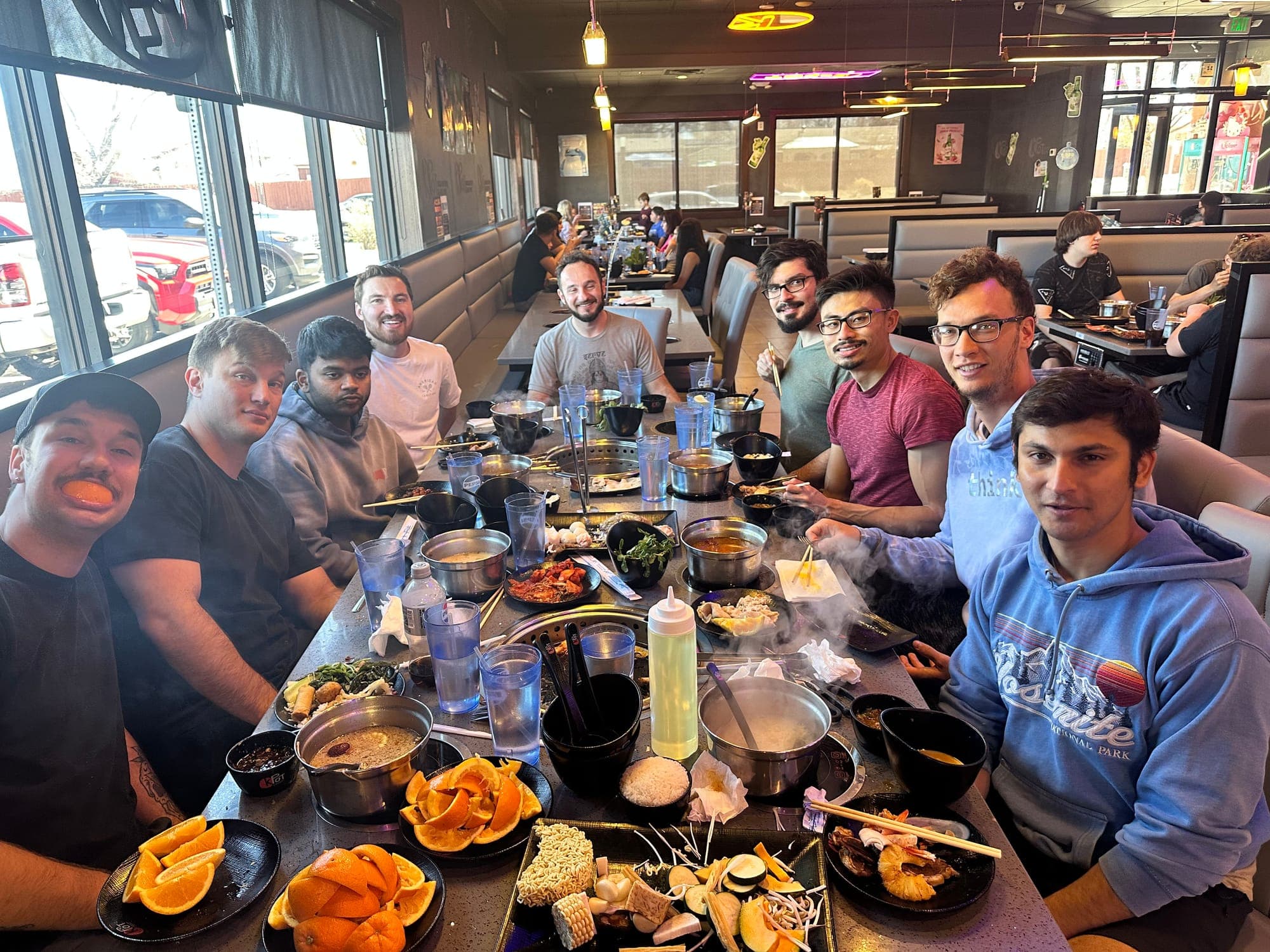 The whole table out to dinner
