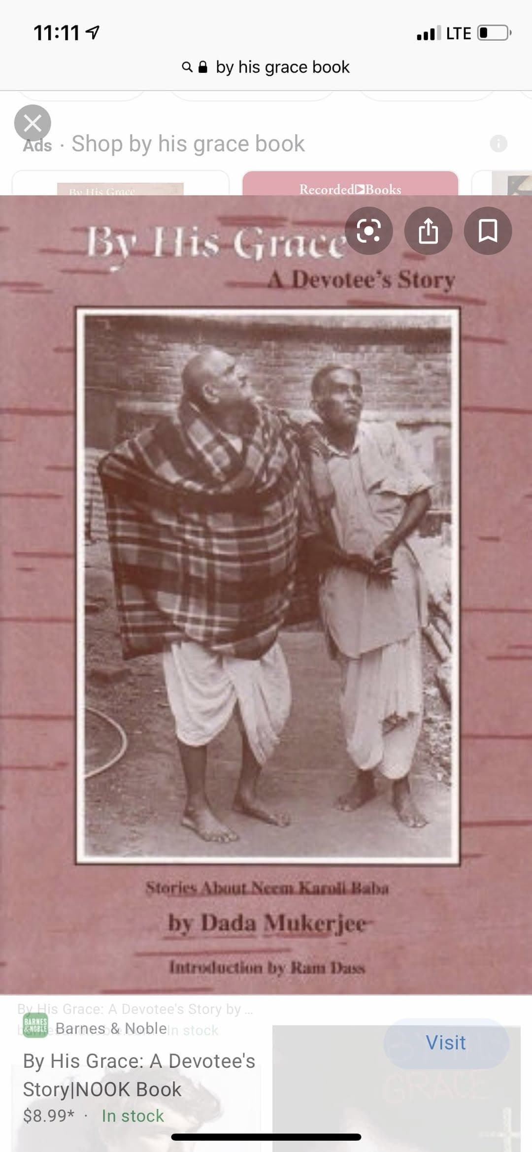 Screenshot of a bookstore listing for "By His Grace: A Devotee's Story" by Dada Mukerjee, with Neem Karoli Baba in a blanket on the cover.