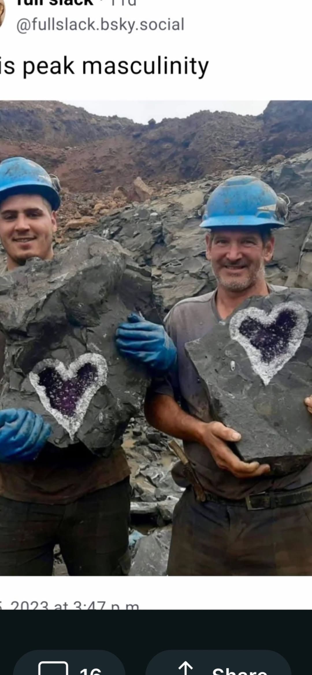 Screenshot of a social post captioned "...is peak masculinity" showing two miners in blue hard hats each holding a heart-shaped amethyst geode.