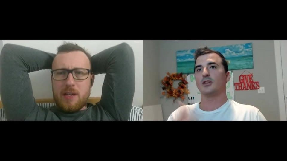 Split-screen video call between a man in glasses with hands behind his head and a man in a white T-shirt.