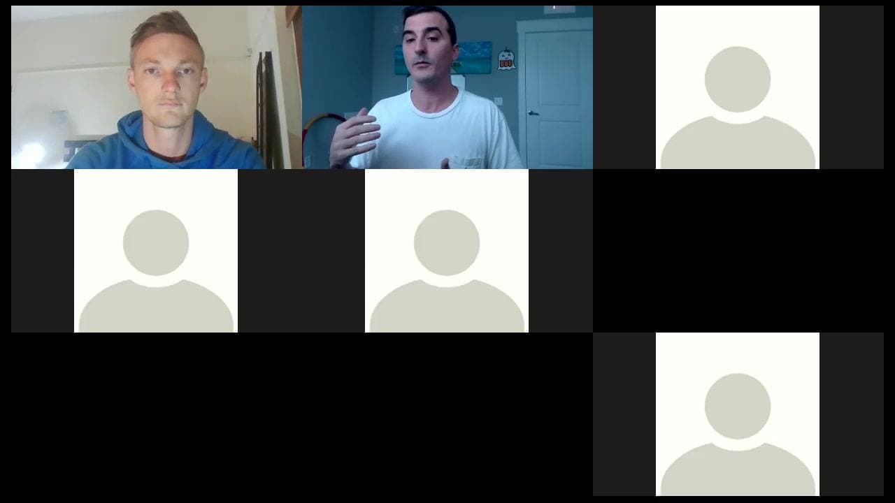 Video call grid with a blond man and a dark-haired man on camera beside four blank profile avatars.