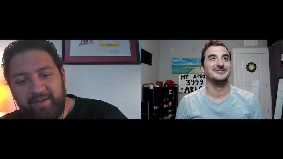 Split-screen video call between a dark-bearded man in a black shirt and a smiling man beside a beach painting.