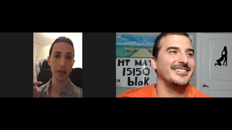 Split-screen video call between a man in a dark jacket and a man in orange beside a beach painting.