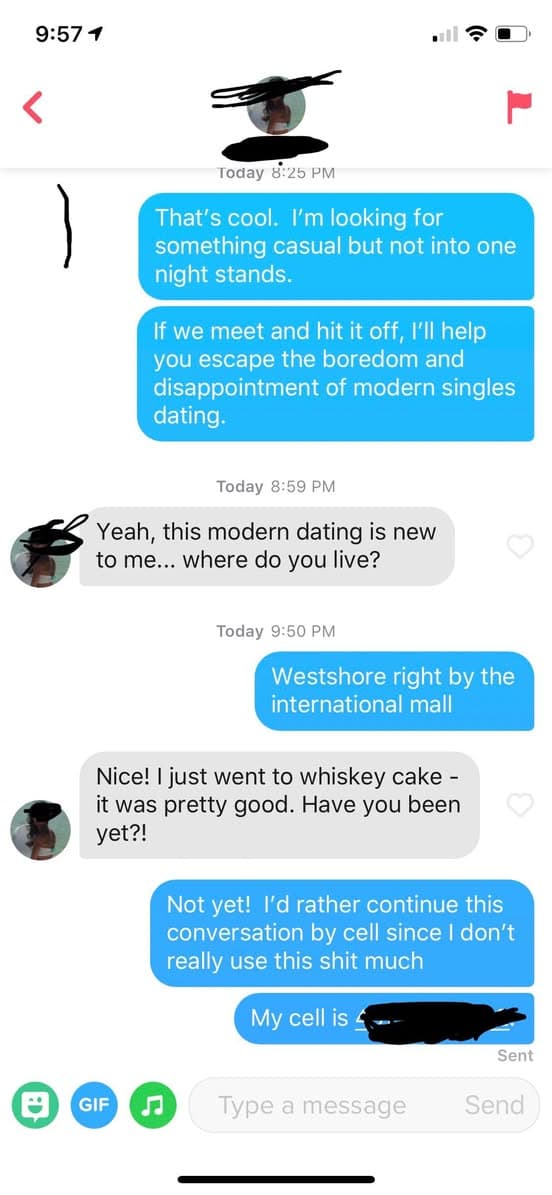 Tinder chat screenshot continuing with "Westshore right by the international mall" and "I'd rather continue this conversation by cell since I don't really use this shit much."