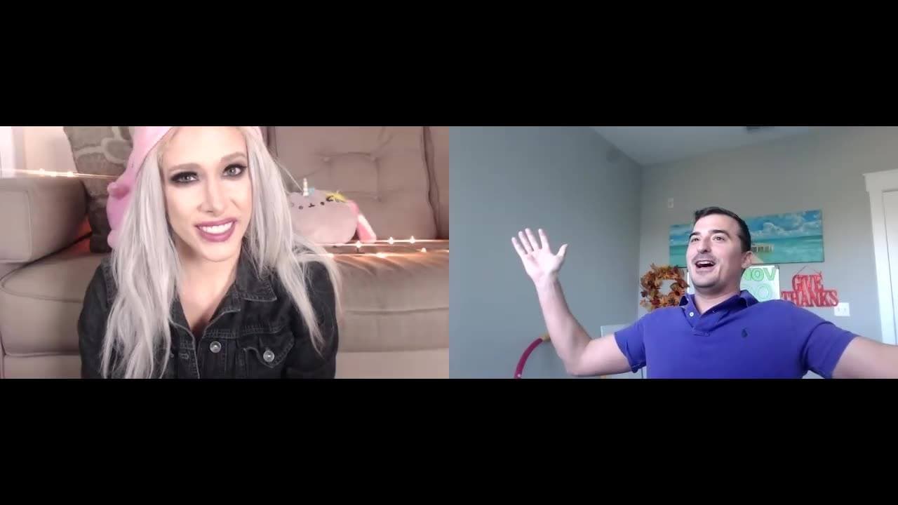 Split-screen video call with Flye Hudson, a smiling blonde woman, and a man in a blue shirt raising one hand.