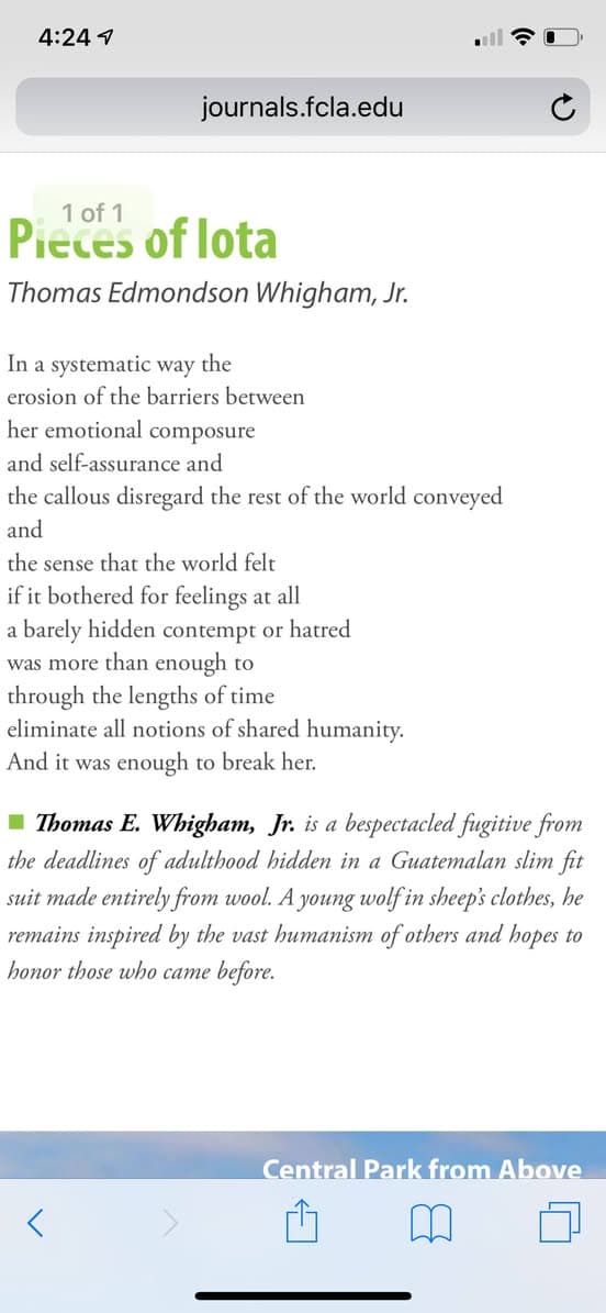 Phone screenshot of a literary journal page with the poem "Pieces of Iota" by Thomas Edmondson Whigham, Jr., beginning "In a systematic way the erosion of the barriers between her emotional composure and self-assurance."