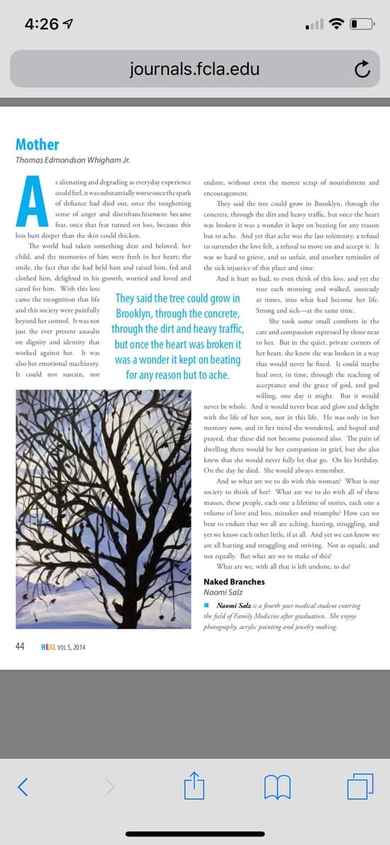 Phone screenshot of a literary journal page with the essay "Mother" by Thomas Edmondson Whigham, Jr., beside a picture of a bare tree.