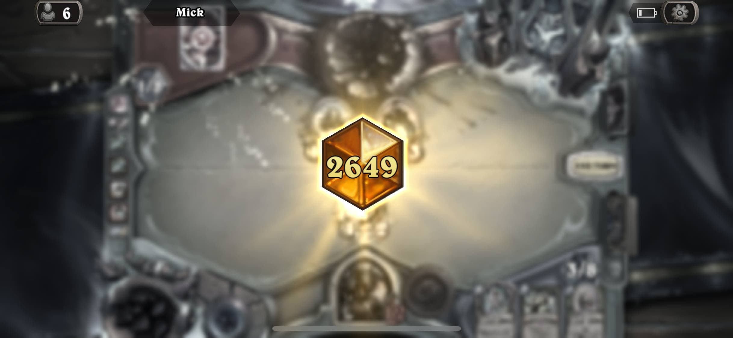 Screenshot of a Hearthstone game board with a gold Legend rank gem in the center reading 2649.