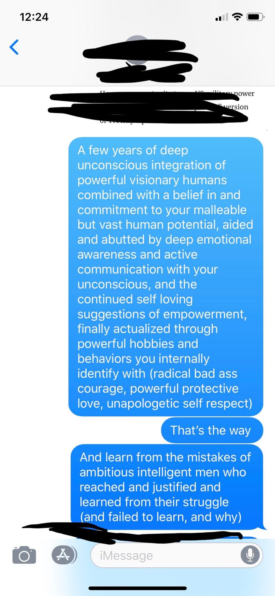 Screenshot of a text thread; a long blue message about "deep unconscious integration" and "unapologetic self respect" gets the reply "That's the way."