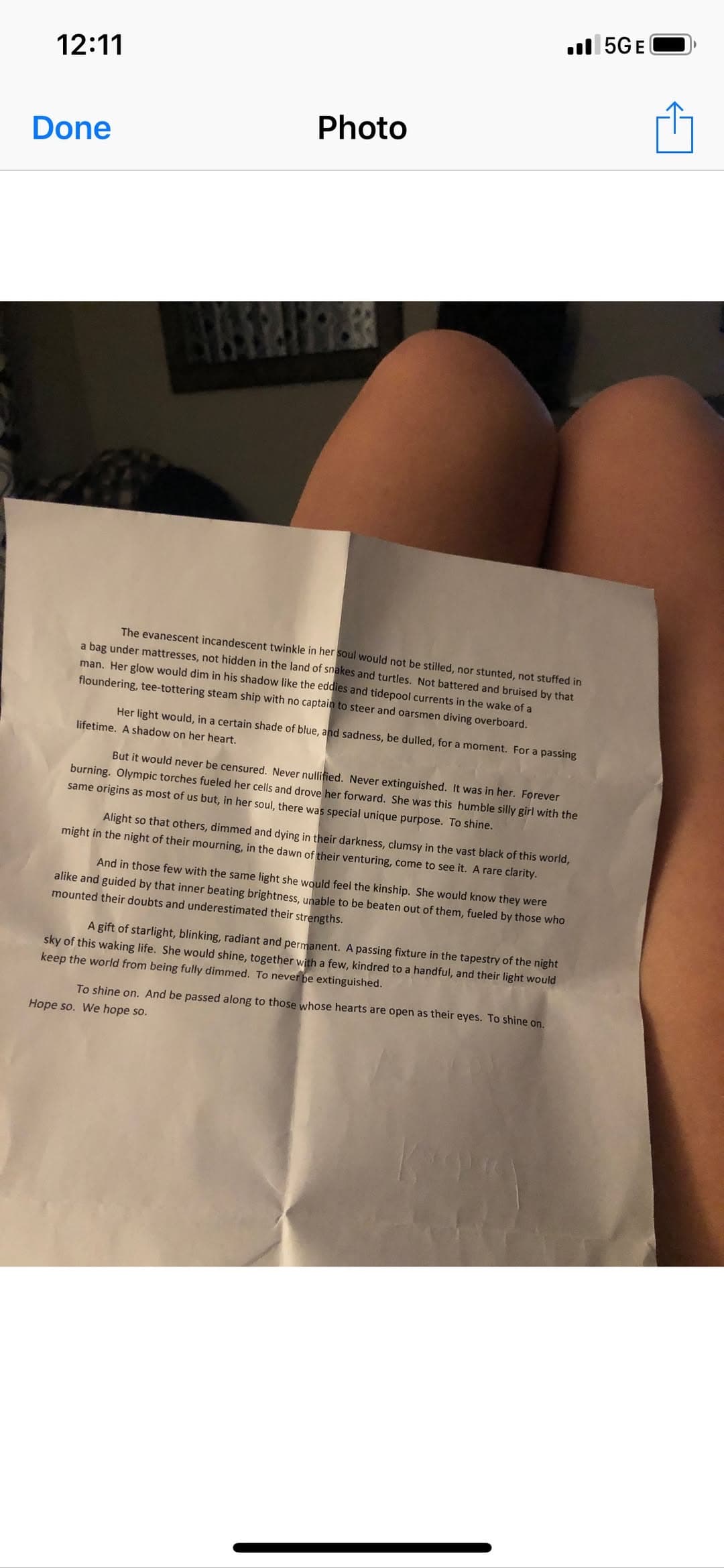 Phone screenshot of a printed letter about a woman’s enduring inner light.