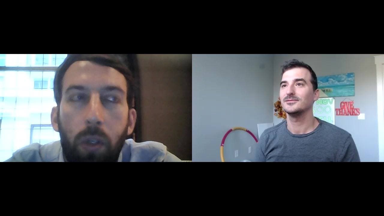 Split-screen video call between a bearded man in grey and a man in olive seated beside a beach painting.