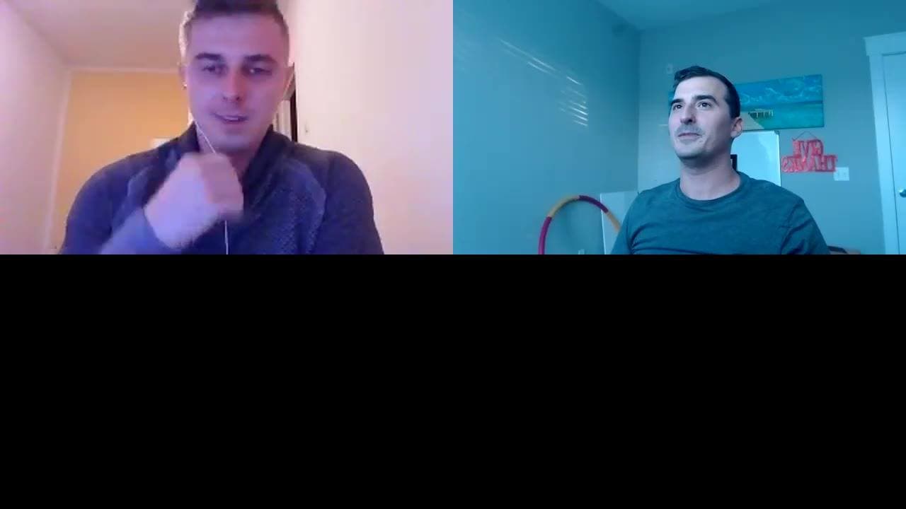Split-screen video call between a man in a dark jacket, chin on hand, and a man in a grey shirt.