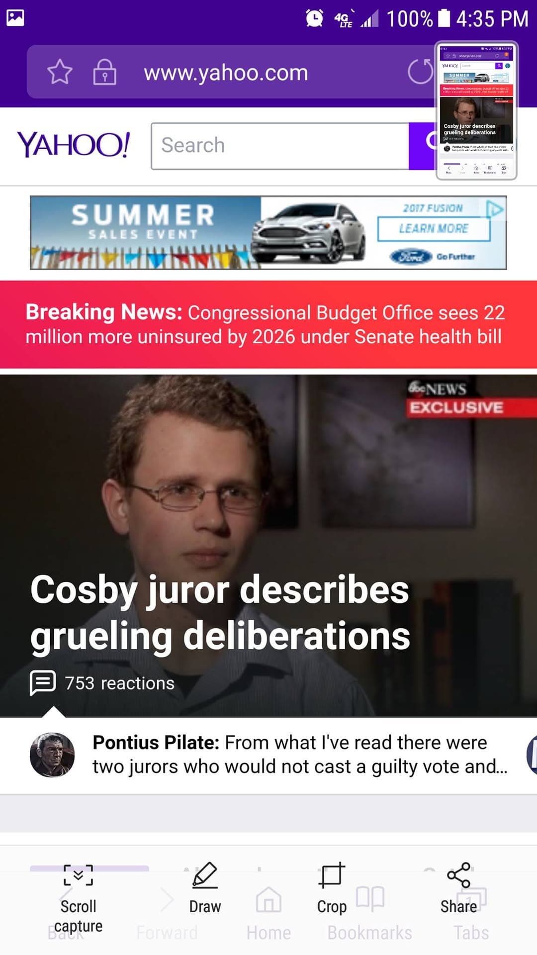 Phone screenshot of Yahoo News with the headlines "Congressional Budget Office sees 22 million more uninsured by 2026 under Senate health bill" and "Cosby juror describes grueling deliberations."