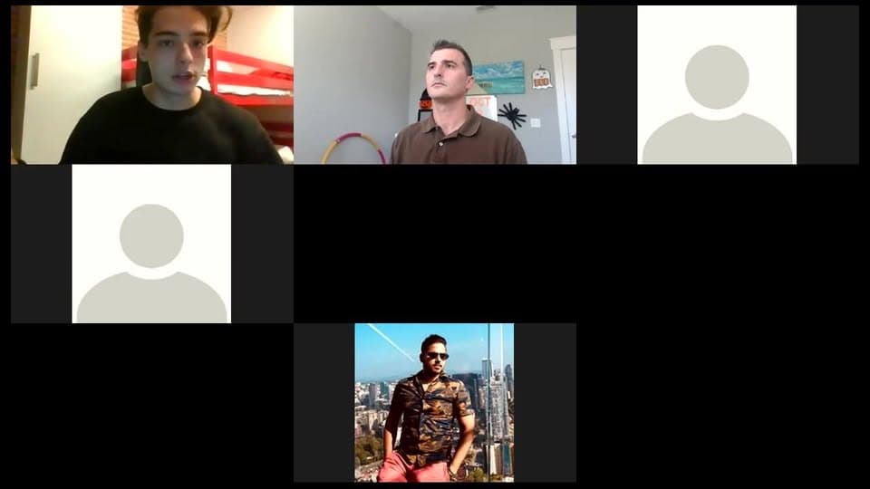 Video call grid with two men on camera, blank avatars, and one profile picture of a man before a skyline.