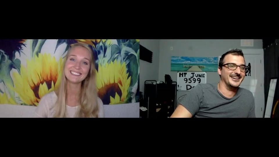 Split-screen video call with Sophie Bekkering, a smiling blonde woman before a sunflower painting, and a man in glasses.