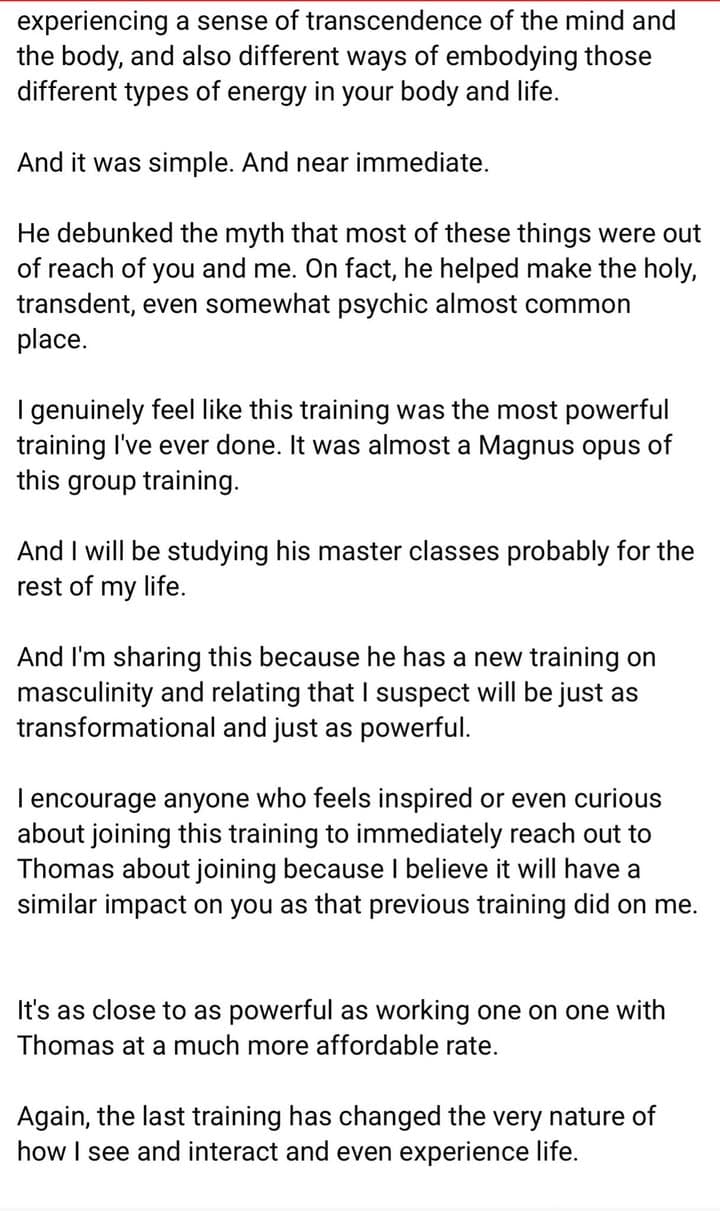 Screenshot of the rest of the testimonial, ending: "Again, the last training has changed the very nature of how I see and interact and even experience life."