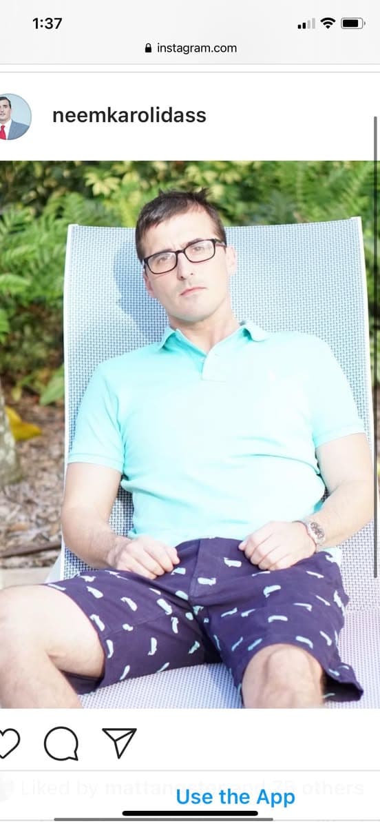Instagram screenshot of Thomas Whigham in glasses, a mint polo and patterned shorts, lounging on an outdoor chair.